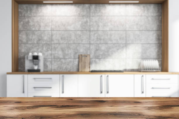 istock Close up of blurred white kitchen countertops 1166595913