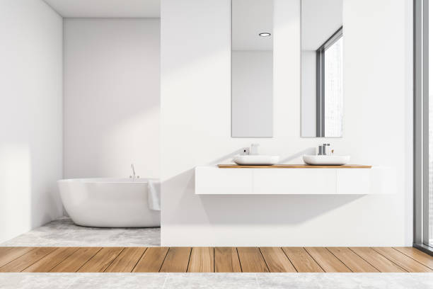 istock Wooden floor bathroom interior, tub and sinks 1166596015