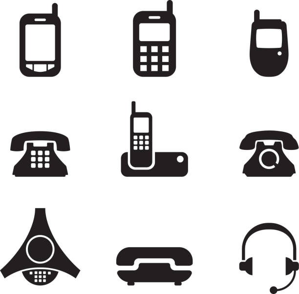 ilustraciones, imágenes clip art, dibujos animados e iconos de stock de teléfono blanco y negro sin royalties de conjunto de iconos vectoriales - cordless phone telephone landline phone telephone receiver