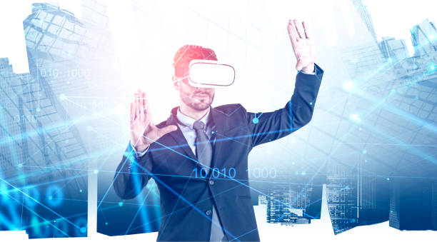 istock Businessman in VR glasses in city, writing code 1166599654