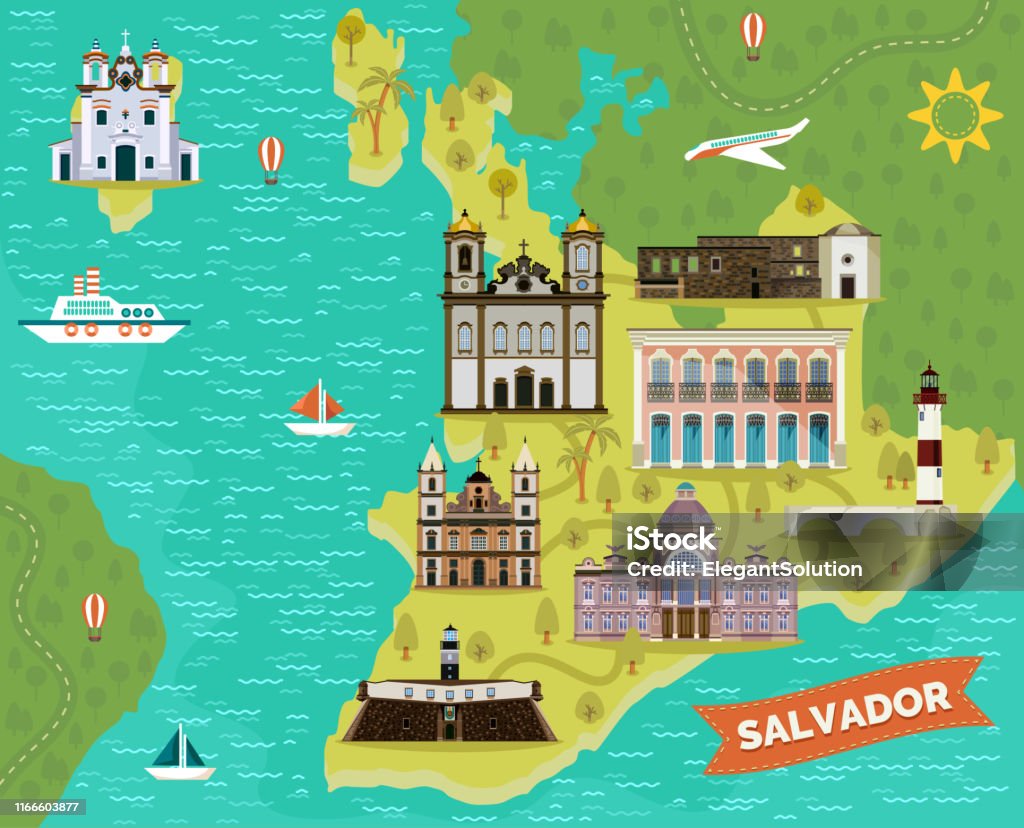 Pontos de referência, lugares turísticos no mapa de Salvador - Vetor de Bahia royalty-free