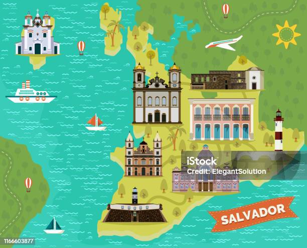 Vetores de Pontos De Referência Lugares Turísticos No Mapa De Salvador e mais imagens de Bahia