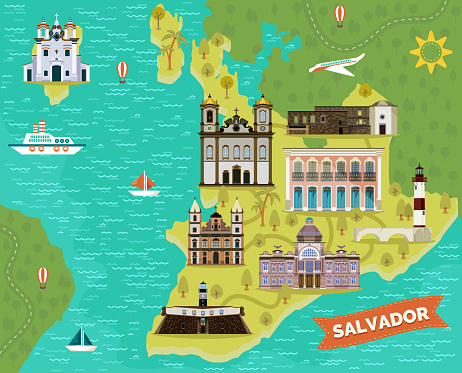 El Salvador map with landmarks. Bale Folclorico da Bahia folk dance and music building, Praia da Barra lighthouse, Church of Nosso Senhor do Bonfim and Tower House of Garcia d Avila. Sightseeing
