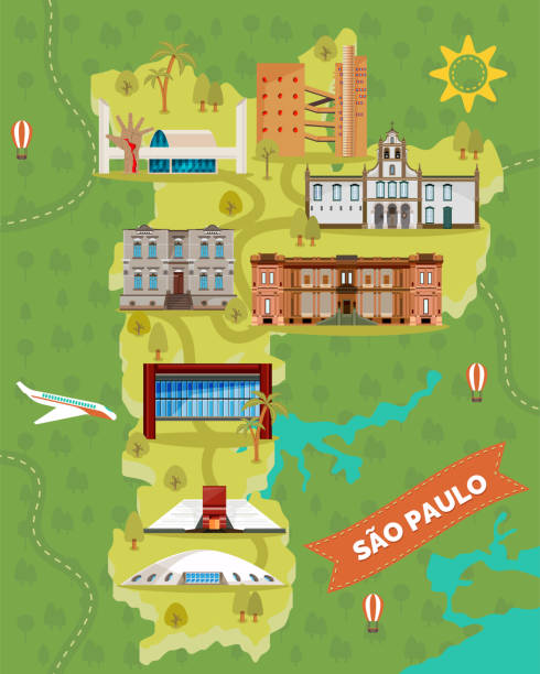 ilustrações, clipart, desenhos animados e ícones de mapa de sao paulo com marcos famosos. brasil lugares - são paulo