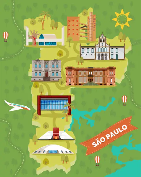 Vector illustration of Sao Paulo map with famous landmarks. Brazil places