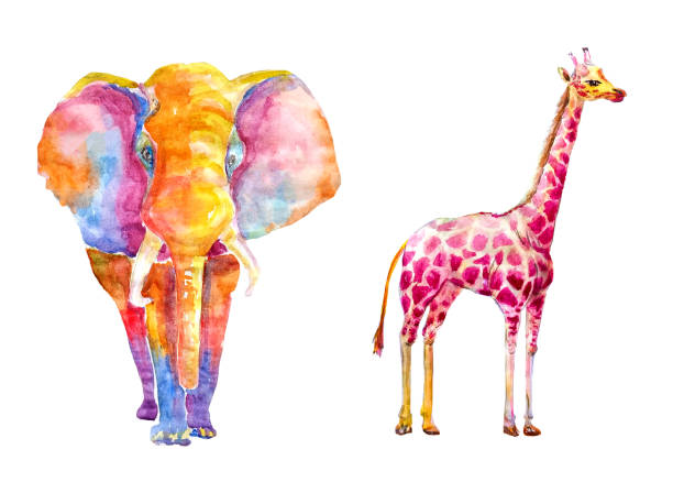 Watercolor set of bright colored giraffe and an elephant from multi-colored spots on a white background isolated Watercolor set of bright colored giraffe and an elephant from multi-colored spots on a white background isolated. elephant art stock illustrations