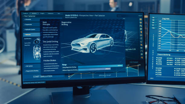 istock Professional Engineer Works on a Computer with a 3D CAD Software and Tests the Electric Car Chassis Prototype with Wheels, Batteries and Engine Standing in a High Tech Development Laboratory. 1166604639