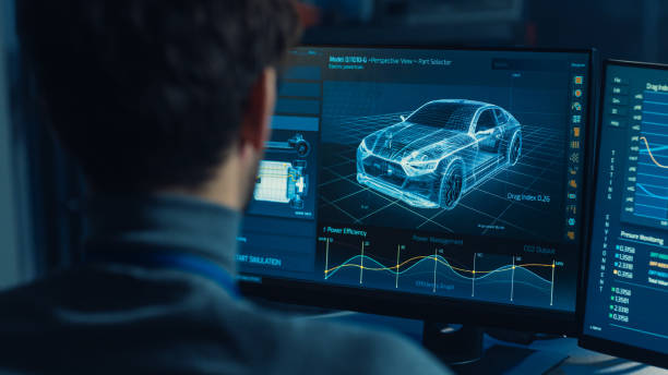istock Professional Automotive Graphic Designer is Working on 3D CAD Software Rendering Electric Concept Car and Calculating its Efficiency in a High Tech Innovative Laboratory with a Prototype. 1166604662