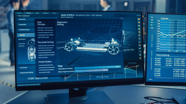 istock Professional Engineer Works on a Computer with a 3D CAD Software and Tests the Electric Car Chassis Prototype with Wheels, Batteries and Engine Standing in a High Tech Development Laboratory. 1166605267
