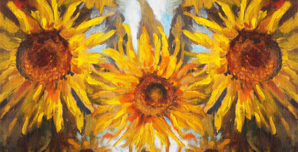 istock Fashionable summer illustration allegory modern art work my original oil painting on canvas horizontal still life impressionism three blooming large yellow sunflower 1166608043