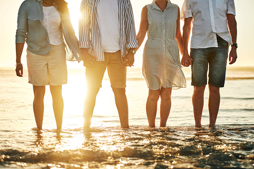Cropped shot of a group of senior friends holding hands at the beach