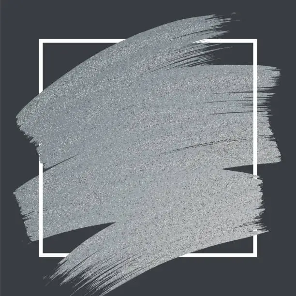 Vector illustration of Silver Glitter Paint Brush Stroke with Frame on Black Background.