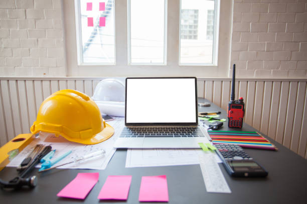 istock Concept Architect and desk of Architectural project in construction site or office building with mining light 1166613473