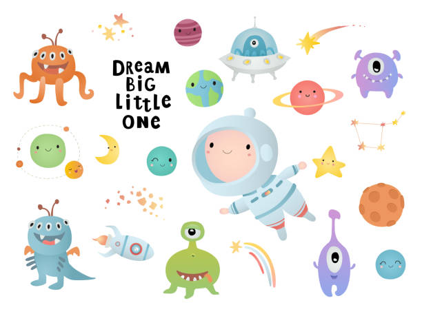 Holiday card design. Baby shower. A little astronaut floating around in open space, among stars, planets, funny monsters and comets. Holiday card design. Baby shower. A little astronaut floating around in open space, among stars, planets, funny monsters and comets. astronaut patterns stock illustrations