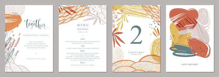 Invitation, menu, table number card design. Floral wedding templates. Good for birthday, bridal and baby shower.