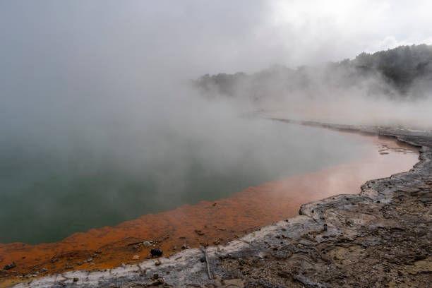 champagne pool - wai-o-tapu - nueva zelanda - new zealand geyser champagne park fotografías e imágenes de stock