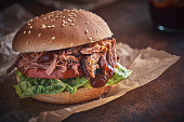 Pulled Pork Burger with Tomato, Salad and Barbecue Sauce