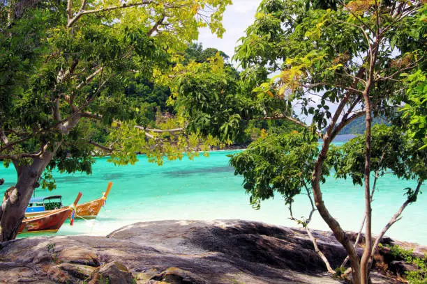 View beyond trees and rocky plateau on isolated long tail boats and turquoise water - Ko Lipe, Thailand, Andaman Sea