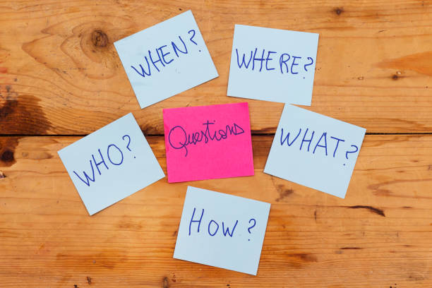 istock Questions - Why? What? Where? When? Why? How? on blue stickers on wooden background. Business, text, communication, information, message, note, paper, word 1166627633