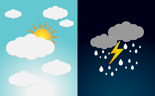 de Dos Tipos Diferentes De Clima Y Soleado Y Lluvioso Con Relámpagos y Vectores Libres de de Agua - iStock