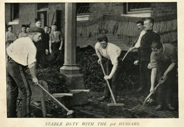 Vintage photograph of Stable duty with the 3rd Hussars, British army, Victorian, 19th Century. Soldiers with sweeping brushes and shovels cleaning up horse muck