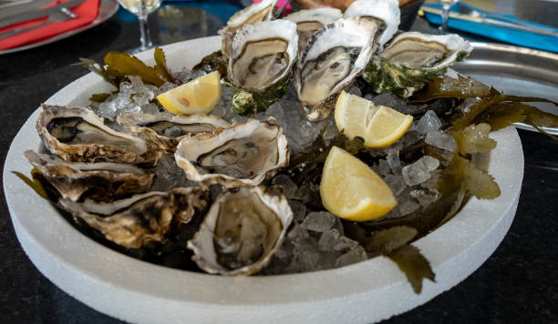 istock Fresh Oysters with juicy yellow lemon on a plate. 1166635031