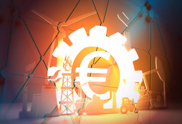 유로 기호 및 산업 아이콘 - european union currency flash 뉴스 사진 이미지