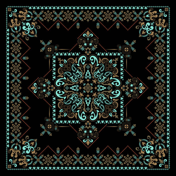 Vector ornament Bandana Print. Traditional ornamental ethnic pattern with paisley and flowers. Silk neck scarf or kerchief square pattern design style, best motive for print on fabric or papper Vector ornament paisley Bandana Print. Silk neck scarf or kerchief square pattern design style, best motive for print on fabric or papper. silk scarf stock illustrations