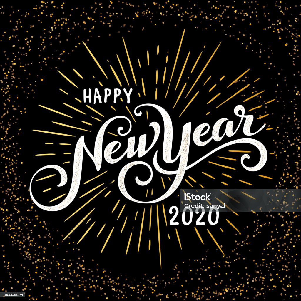 Vintage festive label with burst Happy 2020 New Year Greeting Card. Holiday Vector Illustration With Lettering Composition And Burst. Vintage festive label Text stock vector