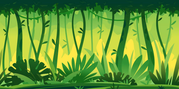 Tropical rainforest nature background Wild jungle forest with trees, bushes and lianas, nature with green jungle foliage and lianas on tree crowns game background tillable horizontally, danger place with tropical plants tillable stock illustrations
