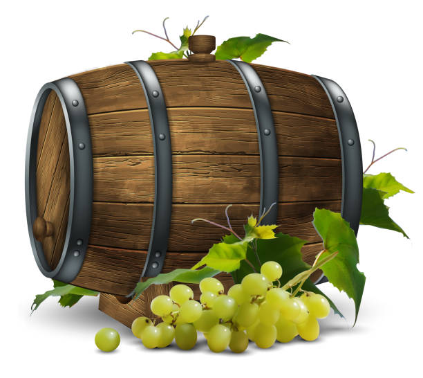Wooden wine barrel and vine with a bunch of grapes. 3D vector. High detailed realistic illustration. vector art illustration