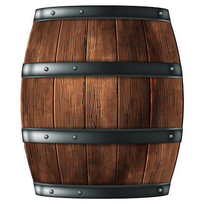 Wooden barrel for wine or other drinks, studded with iron rings on a white background. 3D vector. High detailed realistic illustration.