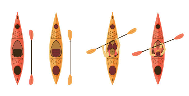 illustrations, cliparts, dessins animés et icônes de ensemble de kayaks pour les activités de plein air, la pêche - canoe kayak, jaune