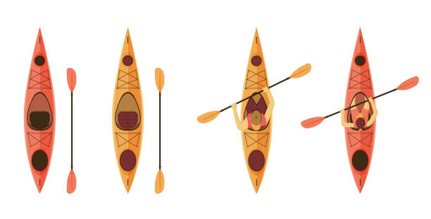 illustrazioni stock, clip art, cartoni animati e icone di tendenza di set di kayak per attività all'aria aperta, pesca - kayak