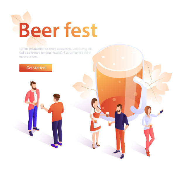 Beer Fest Beer Fest concept banner in isometric style. Banner beer fest, beer festival poster. A young girl in traditional dress carries beer. Beer Fest celebration, men and women holding beer mugs. For advertising on posters, banners on websites or in applications. bavarian dress stock illustrations