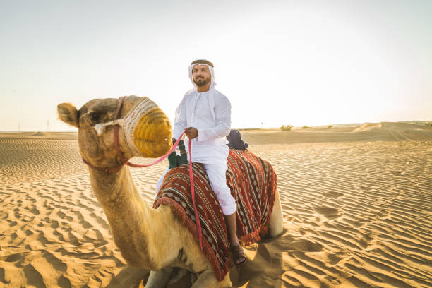 砂漠でラクダを持つアラビア人 - united arab emirates middle eastern ethnicity men camel ストックフォトと画像