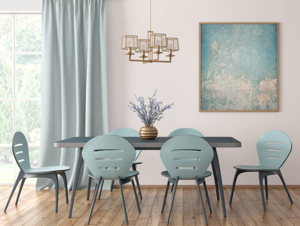 Interior of modern dining room 3d rendering Interior of modern dining room, blue table and chairs against white wall with big window and curtain 3d rendering blue interiors stock pictures, royalty-free photos & images
