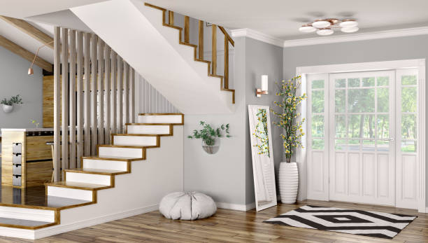 istock Interior of modern hall with staircase 3d rendering 1166641890