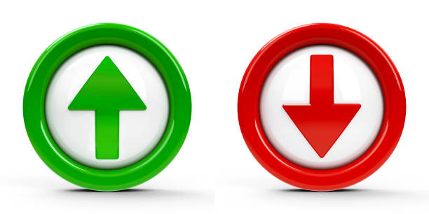 Web buttons with arrows up & down isolated on white background, three-dimensional rendering, 3D illustration