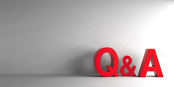 Red letters Q&A - Questions and answers - on grey background, three-dimensional rendering, 3D illustration