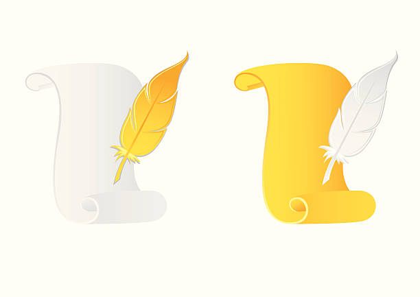 Parchment scroll with feather Parchment scroll with feather on white background. clip art of scroll quill stock illustrations