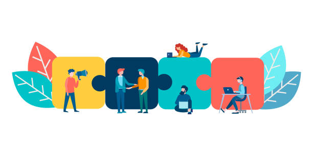 Puzzles as symbols of parts of the whole, work on the project in a team. Vector illustration of teamwork. Puzzles as symbols of parts of the whole, work on the project in a team. working designs stock illustrations