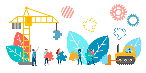 Vector illustration of teamwork concept. Office workers work on the project, a metaphor for construction, labor organization using the symbols of tractor and crane construction and puzzles as parts of the whole.