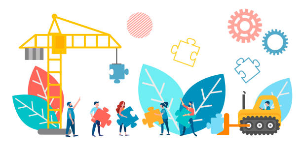 Vector illustration of teamwork concept. Vector illustration of teamwork concept. Office workers work on the project, a metaphor for construction, labor organization using the symbols of tractor and crane construction and puzzles as parts of the whole. building activity illustrations stock illustrations