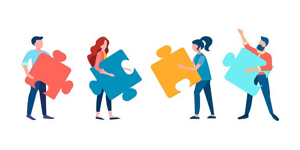 Vector illustration of teamwork concept. Office workers are made up of parts of the whole, working on the project.