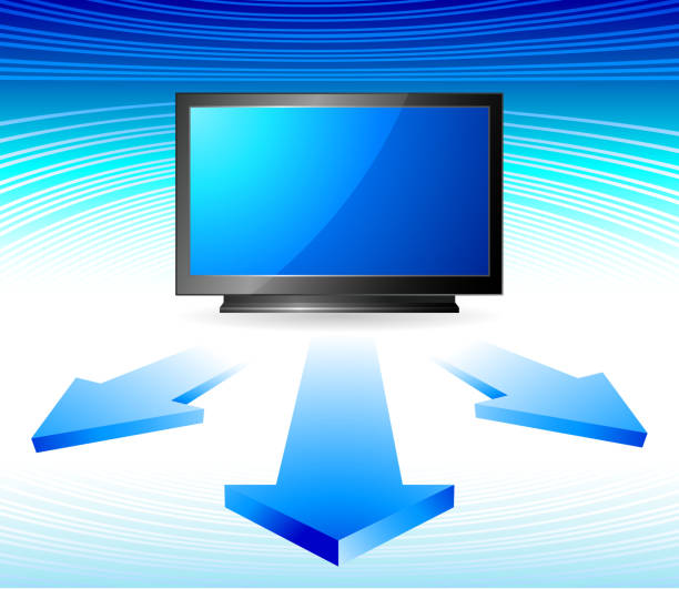 istock Illustration of a computer monitor on a striped blue background with arrows on the bottom. 116664853