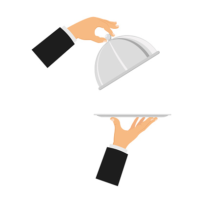 Hand with tray. Hands of the waiter with a tray. Concept service and delivery. Vector illustration.