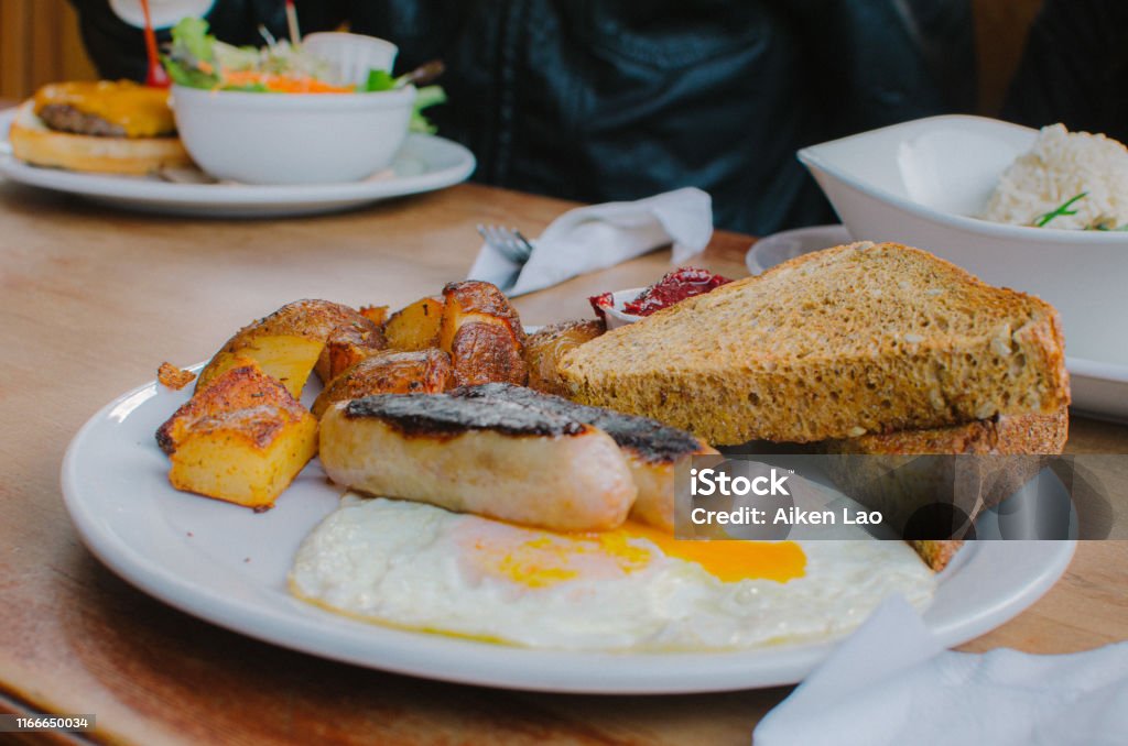 Classic Breakfast Classic breakfast with sausage, eggs, hash browns, and toast. Bread Stock Photo