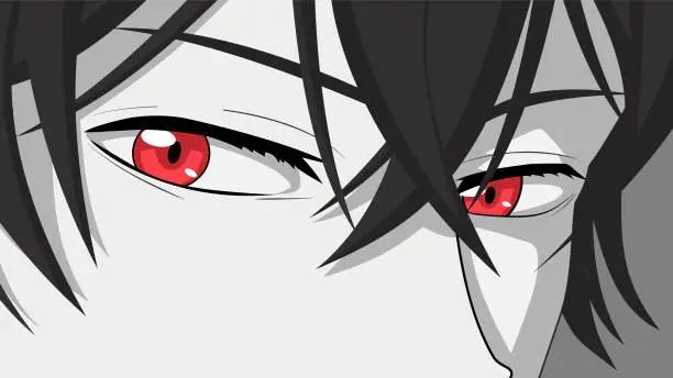 Vector illustration of Cartoon face with red eyes. Vector illustration for anime, manga in japanese style