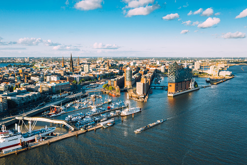 Aerial view of Hamburg Hafen City over blue harbour